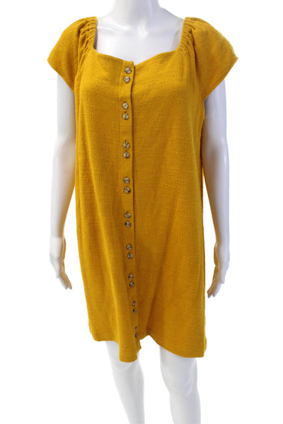 Madewell Womens Button Front Short Sleeve Knit Shift Dress Yellow Cotton Size XL