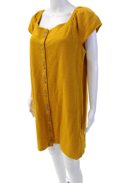 Madewell Womens Button Front Short Sleeve Knit Shift Dress Yellow Cotton Size XL