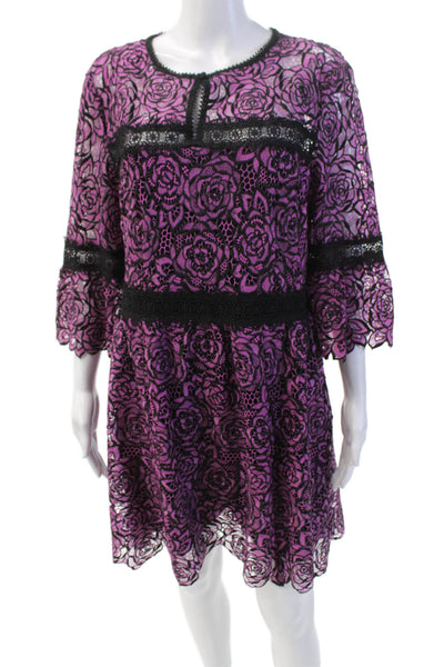 Nanette Lepore Womens 3/4 Sleeve Crew Neck Floral Lace Dress Purple Black 14
