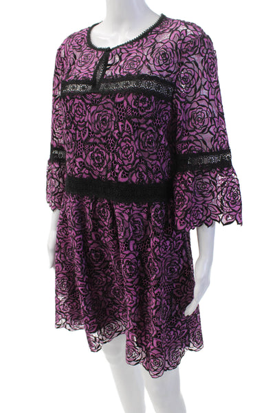 Nanette Lepore Womens 3/4 Sleeve Crew Neck Floral Lace Dress Purple Black 14