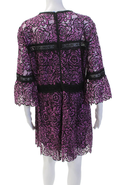 Nanette Lepore Womens 3/4 Sleeve Crew Neck Floral Lace Dress Purple Black 14