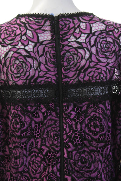 Nanette Lepore Womens 3/4 Sleeve Crew Neck Floral Lace Dress Purple Black 14