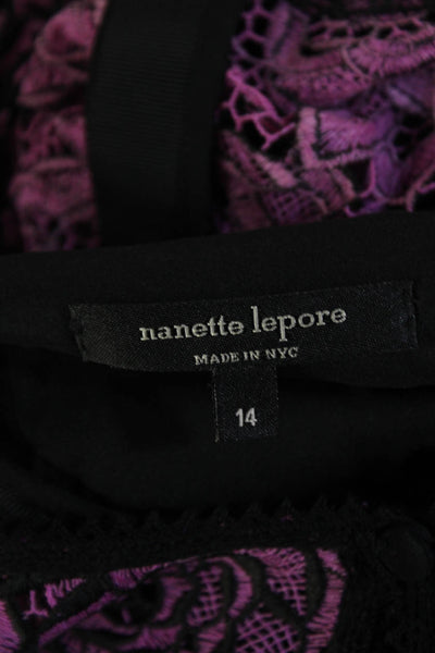 Nanette Lepore Womens 3/4 Sleeve Crew Neck Floral Lace Dress Purple Black 14