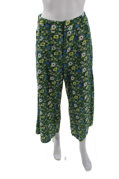 Free People Womens Textured Zip Button Floral Wide Leg Pants Green Size 04