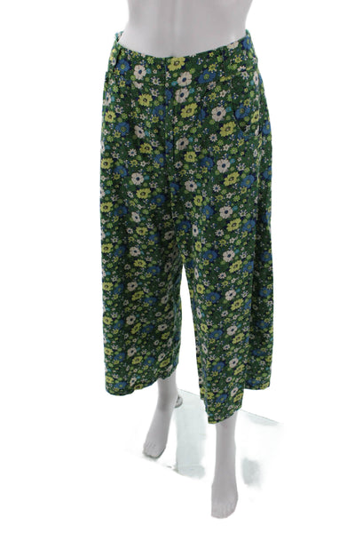 Free People Womens Textured Zip Button Floral Wide Leg Pants Green Size 04