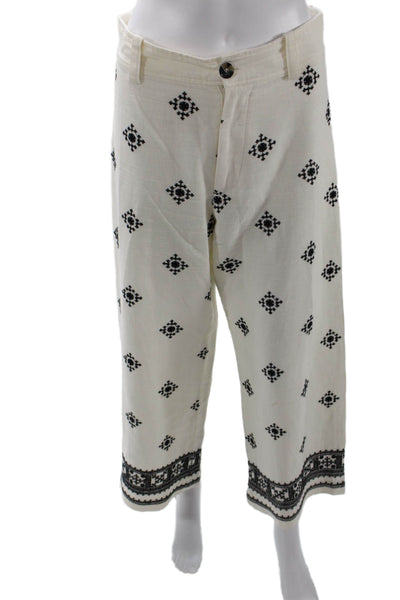 Zara Womens Textured Zip Button Printed Casual Wide Leg Pants White Size S
