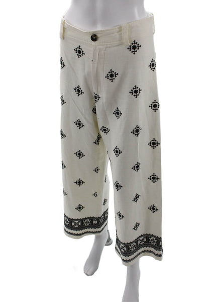Zara Womens Textured Zip Button Printed Casual Wide Leg Pants White Size S