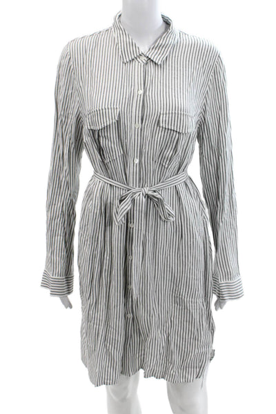 Soft Joie Womens Striped Button Down Belted Shirt Dress White Black Size Large