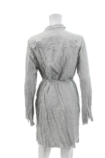 Soft Joie Womens Striped Button Down Belted Shirt Dress White Black Size Large