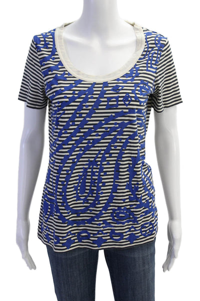Tory Burch Womens Cotton Round Neck Striped Short Sleeve Casual Top White Size S