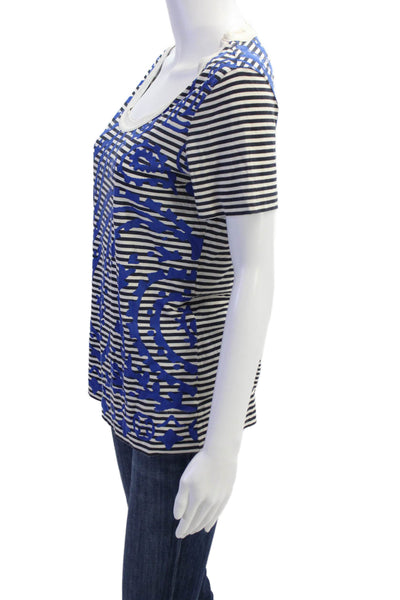 Tory Burch Womens Cotton Round Neck Striped Short Sleeve Casual Top White Size S