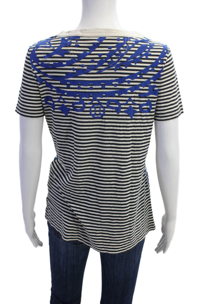 Tory Burch Womens Cotton Round Neck Striped Short Sleeve Casual Top White Size S