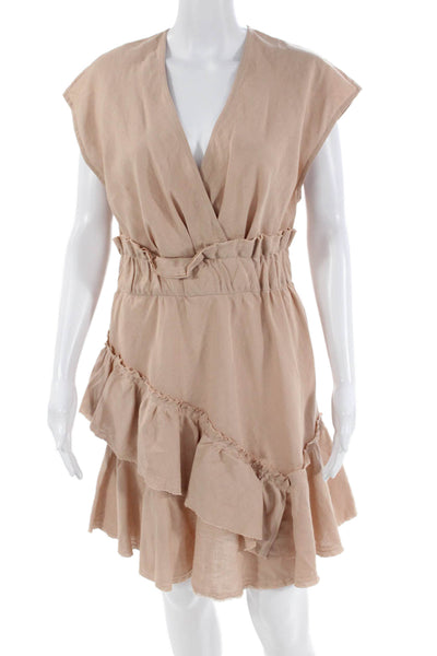 IRO Womens Linen Sleeveless V Neck A Line Ruffled Billow Dress Beige Size EUR 36