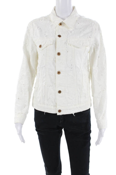 NSF Womens Distressed Button Down Jean Jacket White Cotton Size Small