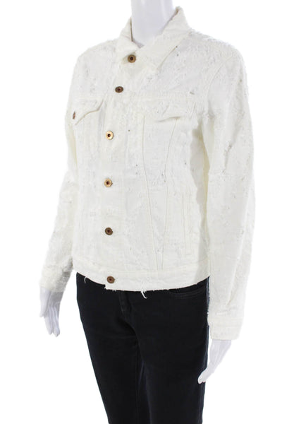 NSF Womens Distressed Button Down Jean Jacket White Cotton Size Small