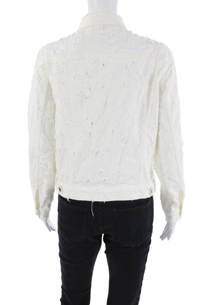 NSF Womens Distressed Button Down Jean Jacket White Cotton Size Small
