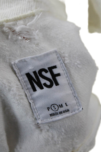 NSF Womens Distressed Button Down Jean Jacket White Cotton Size Small