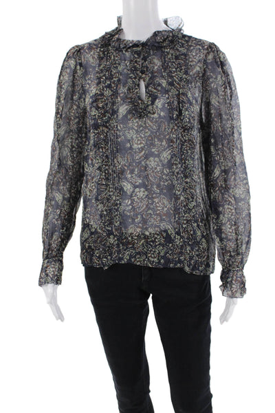 Vanessa Bruno Womens Silk Floral Print Ruffled Blouse Blue Brown Size EUR 38