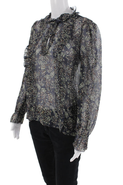 Vanessa Bruno Womens Silk Floral Print Ruffled Blouse Blue Brown Size EUR 38