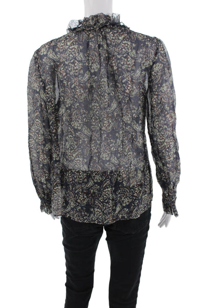 Vanessa Bruno Womens Silk Floral Print Ruffled Blouse Blue Brown Size EUR 38