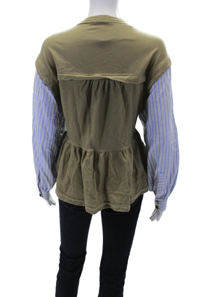 Pilcro Anthropologie Womens Striped Long Sleeve Crew Neck Top Green Blue 2XS
