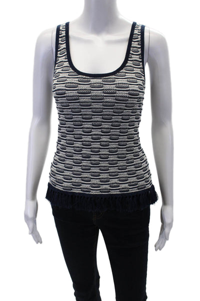 Minnie Rose Womens Linen Fringe Trim Tank Top Navy Blue White Size Small