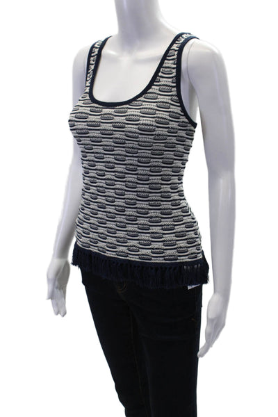 Minnie Rose Womens Linen Fringe Trim Tank Top Navy Blue White Size Small