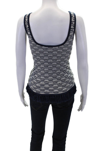 Minnie Rose Womens Linen Fringe Trim Tank Top Navy Blue White Size Small