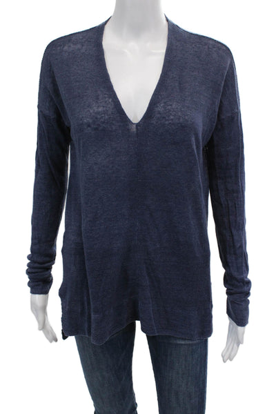 Vince Womens Long Sleeve V Neck Knit Sweatshirt Blue Cotton Size Small