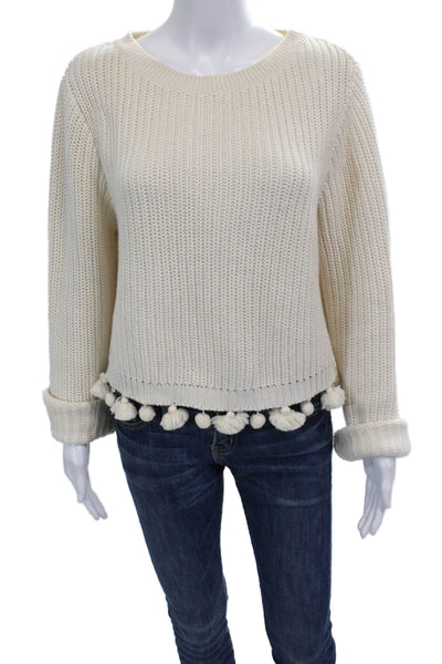 Chan Luu Womens Long Sleeve Scoop Neck Boxy Pom Pom Sweater White Size Small