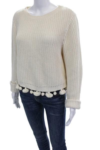 Chan Luu Womens Long Sleeve Scoop Neck Boxy Pom Pom Sweater White Size Small