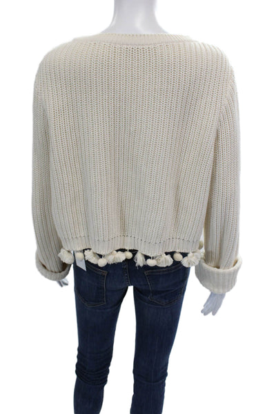 Chan Luu Womens Long Sleeve Scoop Neck Boxy Pom Pom Sweater White Size Small