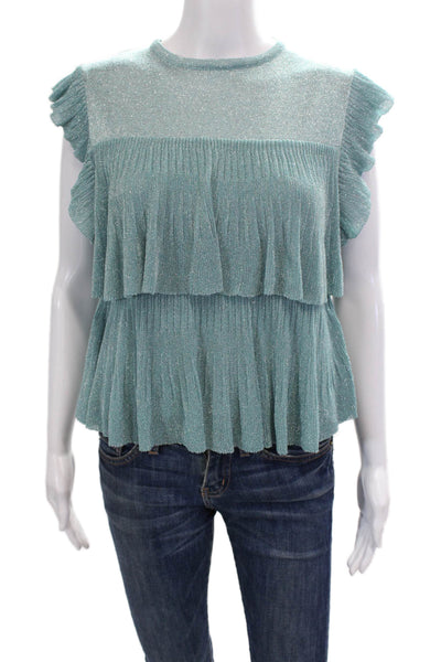 Zara Womens Sleeveless Crew Neck Metallic Ruffle Top Blue Size Small