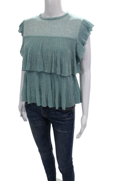 Zara Womens Sleeveless Crew Neck Metallic Ruffle Top Blue Size Small
