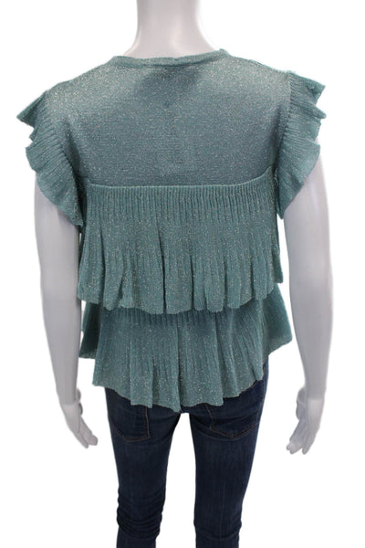 Zara Womens Sleeveless Crew Neck Metallic Ruffle Top Blue Size Small