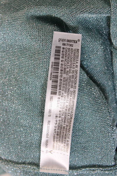 Zara Womens Sleeveless Crew Neck Metallic Ruffle Top Blue Size Small