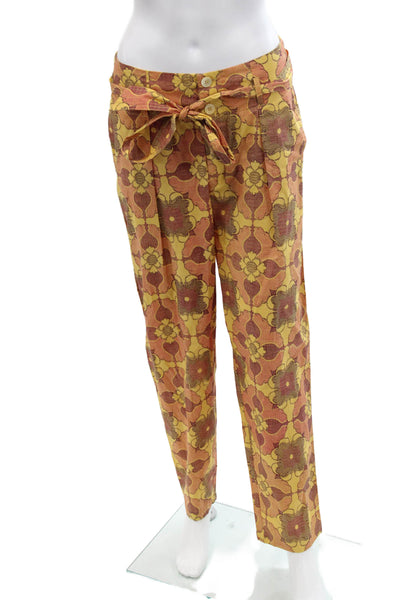 Antik Batik Womens Cotton Floral High-Rise Tied Tapered Pants Yellow Size S