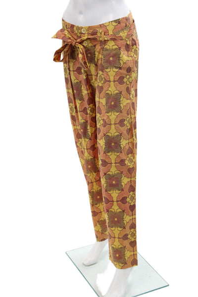 Antik Batik Womens Cotton Floral High-Rise Tied Tapered Pants Yellow Size S