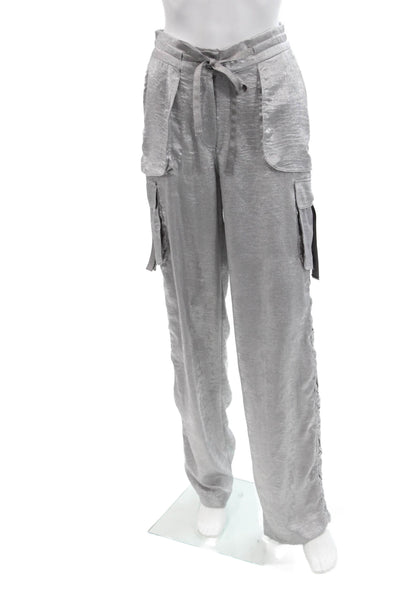 Le Superbe Womens Drawstring High-Waisted Straight Cargo Pants Silver Size 0
