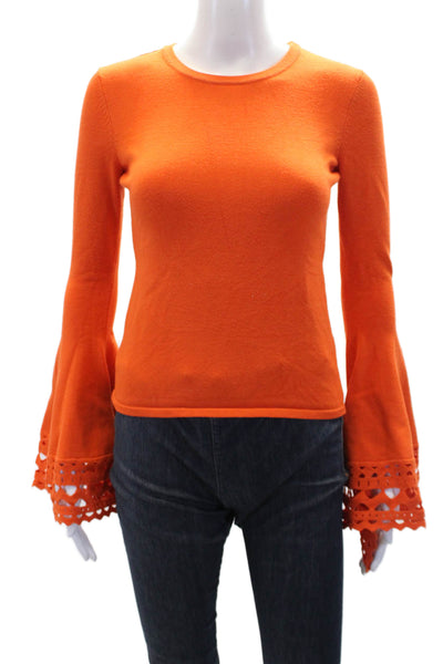Milly Womens Long Flare Sleeve Crew Neck Laser Cut Trim Top Orange Size Small