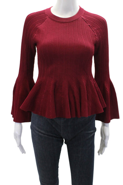 Jonathan Simkhai Womens Long Flare Sleeve Ribbed Peplum Top Red Size Extra Small