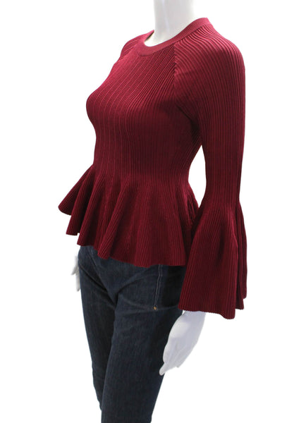 Jonathan Simkhai Womens Long Flare Sleeve Ribbed Peplum Top Red Size Extra Small