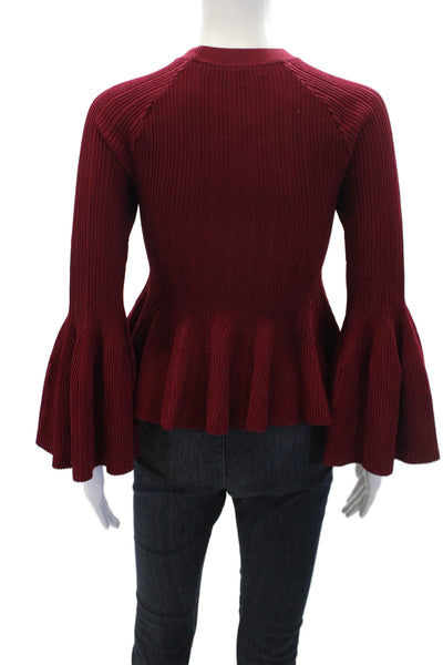 Jonathan Simkhai Womens Long Flare Sleeve Ribbed Peplum Top Red Size Extra Small