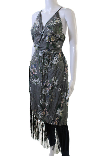 Cleobella Womens Floral Print Sleeveless Fringe Detail Duster Blouse Gray Size S