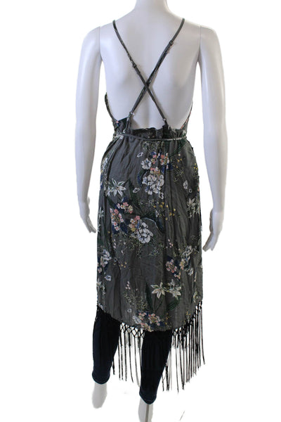 Cleobella Womens Floral Print Sleeveless Fringe Detail Duster Blouse Gray Size S