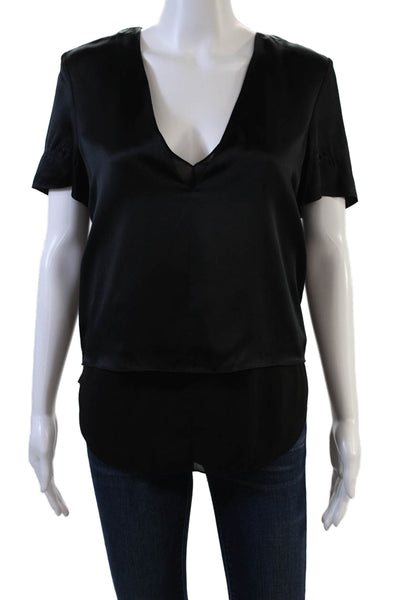 T Alexander Wang Womens Silk Short Sleeve V-Neck Sheer Layer Top Black Size 2