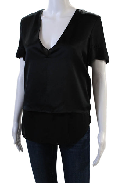 T Alexander Wang Womens Silk Short Sleeve V-Neck Sheer Layer Top Black Size 2