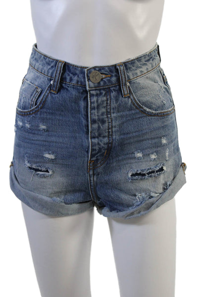 One X One Teaspoon Womens Cotton Distressed Hem Detail Denim Shorts Blue Size 23