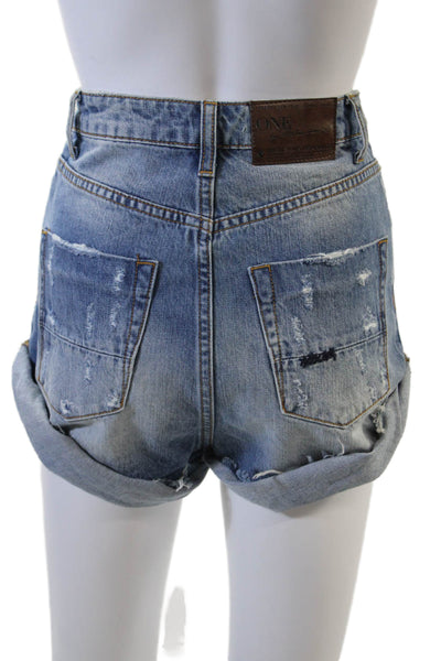 One X One Teaspoon Womens Cotton Distressed Hem Detail Denim Shorts Blue Size 23