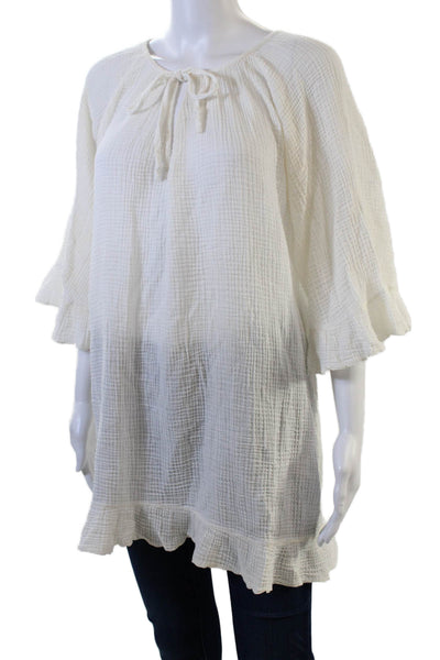 Eberjey Womens Cotton Short Sleeve Drawstring Blouse Top White Size S